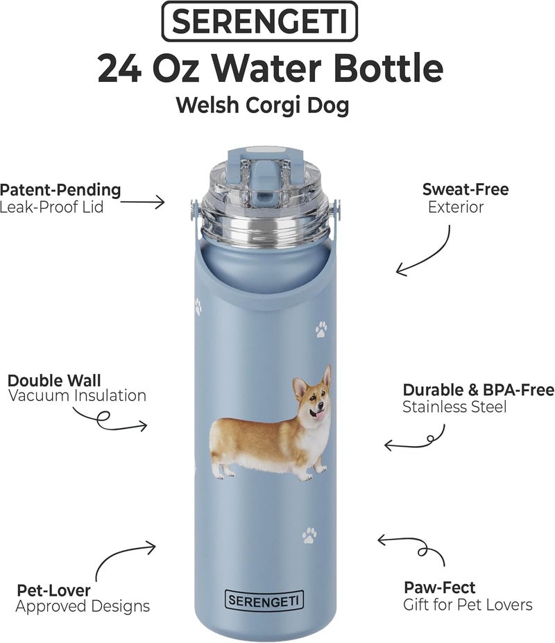 ES Pets SERENGETI 24 Oz Water Bottle Stainless Steel with Spill Proof Lid - Double walled Vacuum Insulated water flask - Realistic 3D Print of your favorite dog (Welsh Corgi) - Image 1